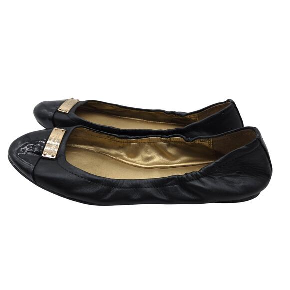 Coach Darsi Black Leather Ballet Flat Size 7 Cap Toe Patent Gold Detail - Picture 5 of 8